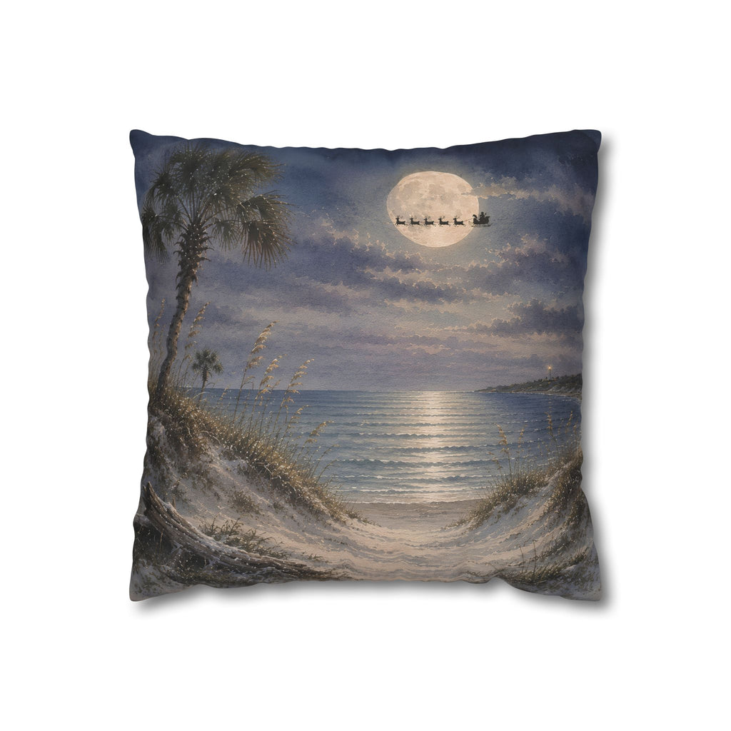 Moonlit Beach Santa Christmas Pillow Cover, Coastal Holiday Decor, shown as a decorative holiday faux-suede pillow cover for
Christmas living room, bedroom, sofa or chair styling.