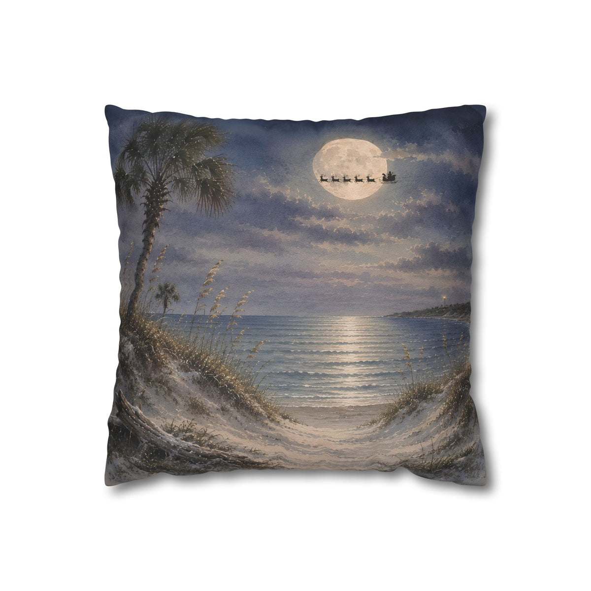 Moonlit Beach Santa Christmas Pillow Cover, Coastal Holiday Decor, shown as a decorative holiday faux-suede pillow cover for
Christmas living room, bedroom, sofa or chair styling.
