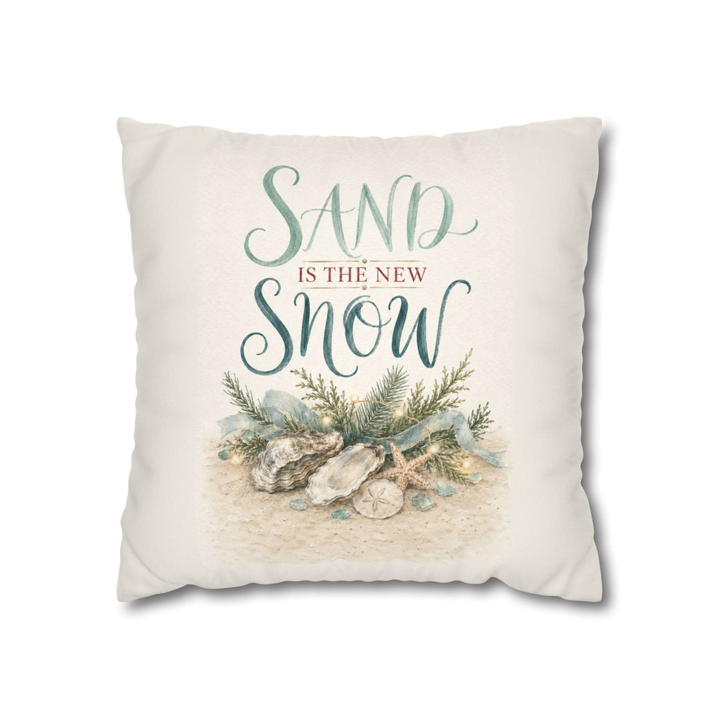 Sand Is the New Snow Christmas Pillow Cover, Coastal Beach Holiday Decor, shown as a decorative holiday faux-suede pillow
cover for Christmas living room, bedroom, sofa or chair styling.