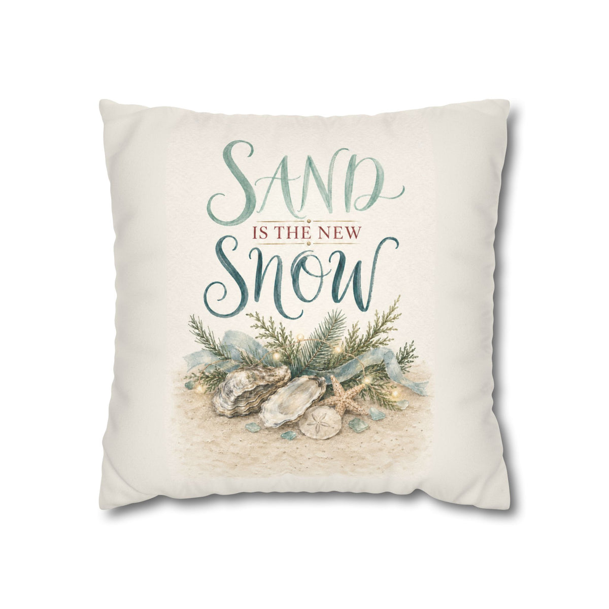 Sand Is the New Snow Christmas Pillow Cover, Coastal Beach Holiday Decor, shown as a decorative holiday faux-suede pillow
cover for Christmas living room, bedroom, sofa or chair styling.