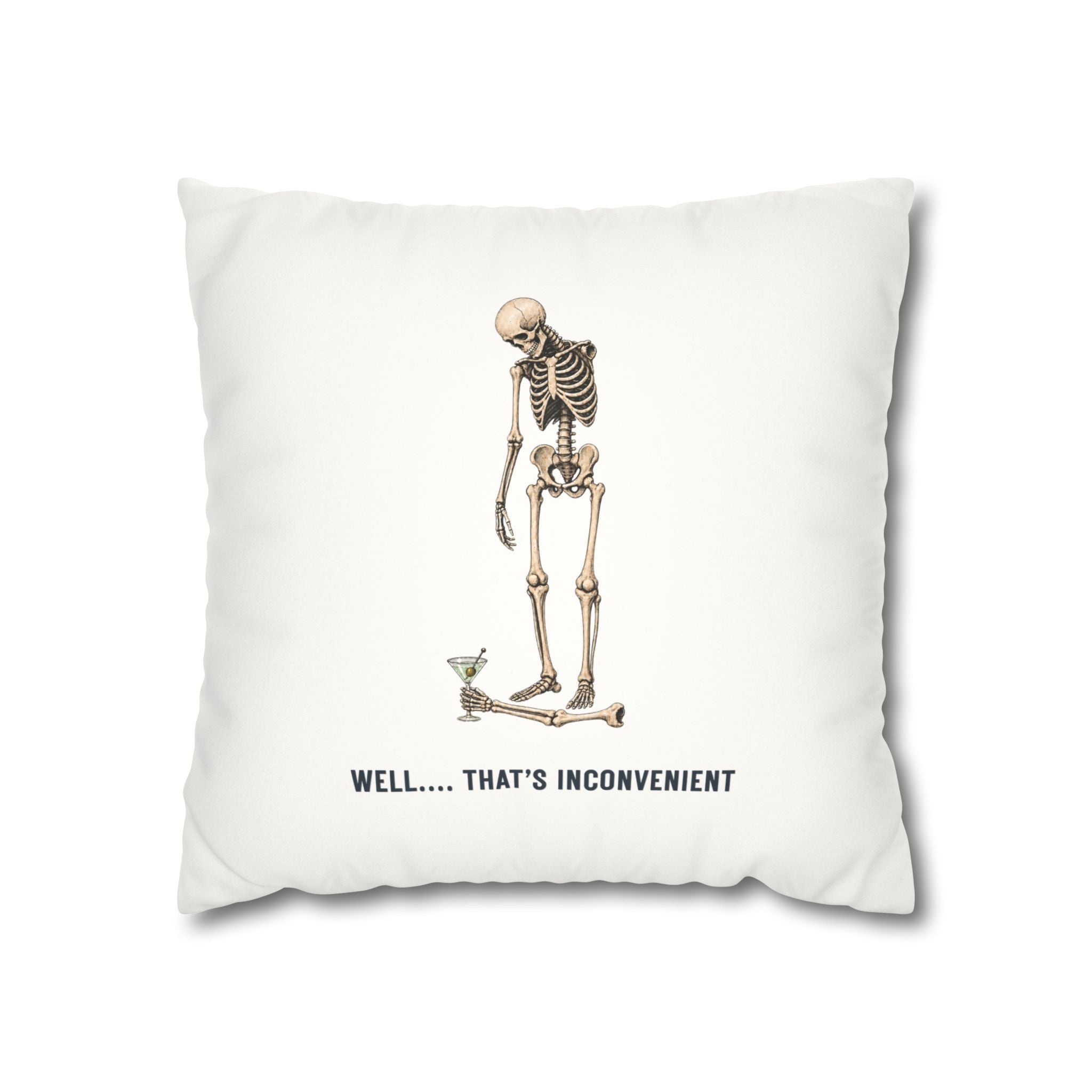 Skeleton & Bird Decorative Pillow — “Well… That’s Inconvenient” Faux Suede Throw Pillow