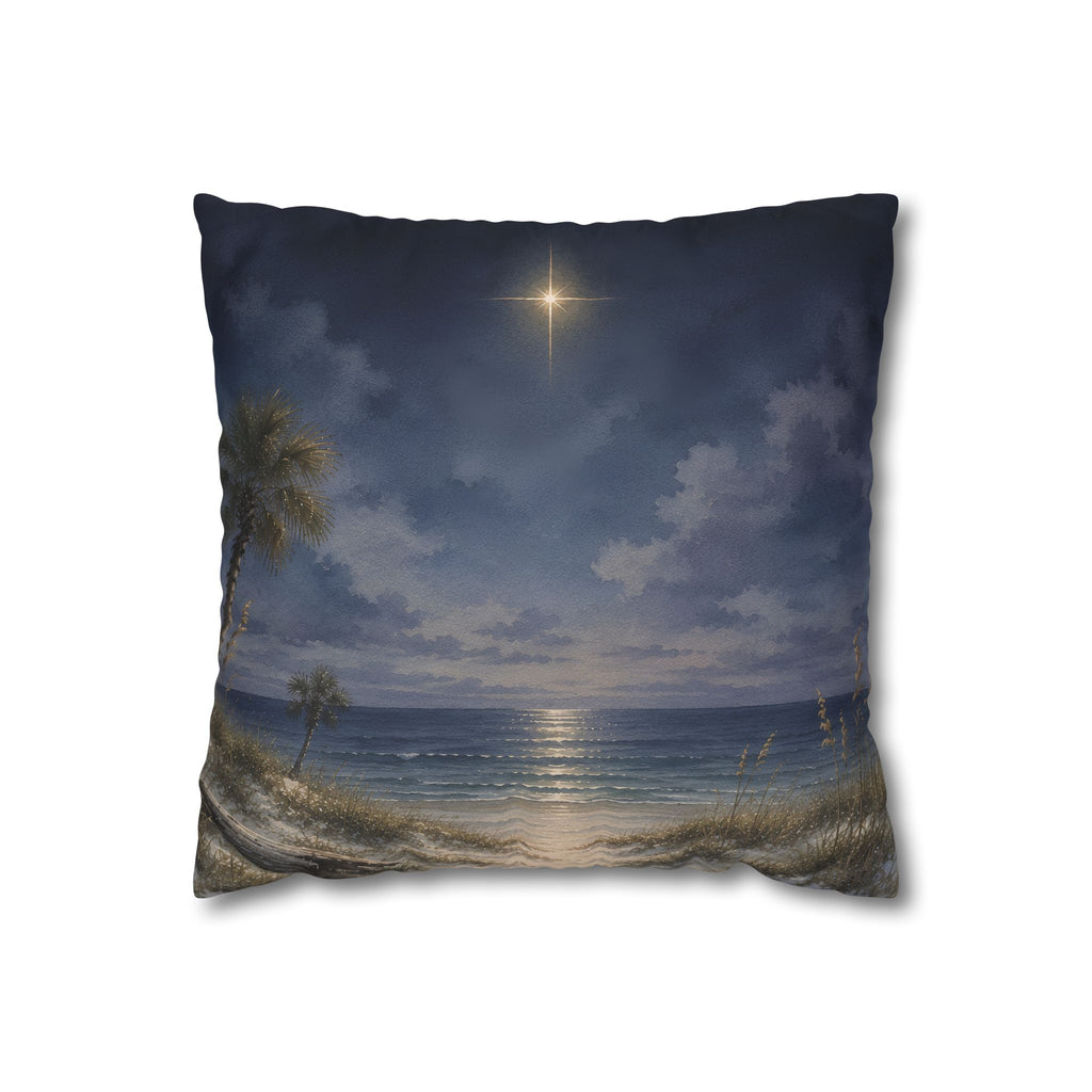 Star of Bethlehem Christmas Pillow Cover, Coastal Night Sky Decor, shown as a decorative holiday faux-suede pillow cover for
Christmas living room, bedroom, sofa or chair styling.
