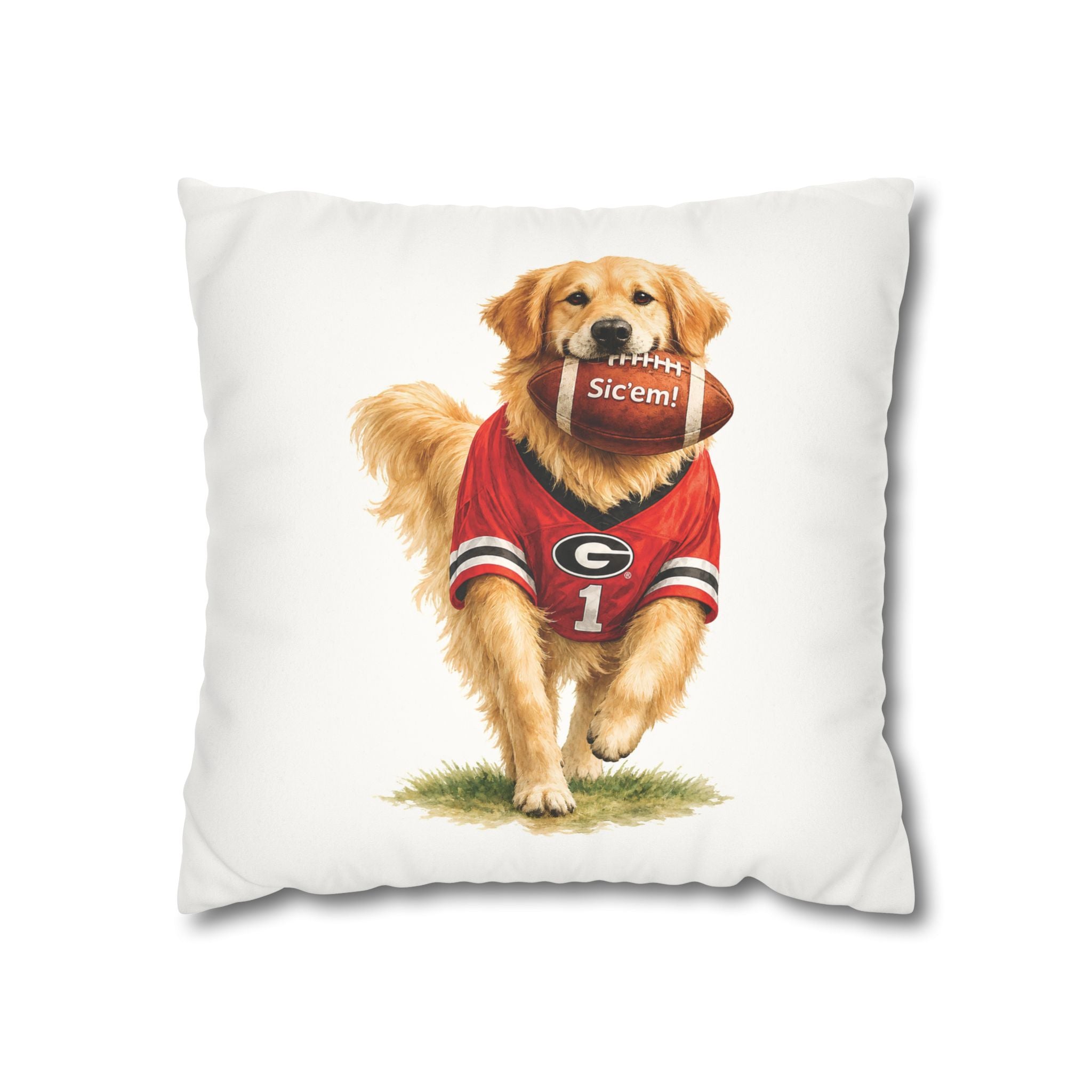 Golden Retriever Football Pillow Cover – Georgia Game Day Dog Pillow, Red & Black Fan Decor