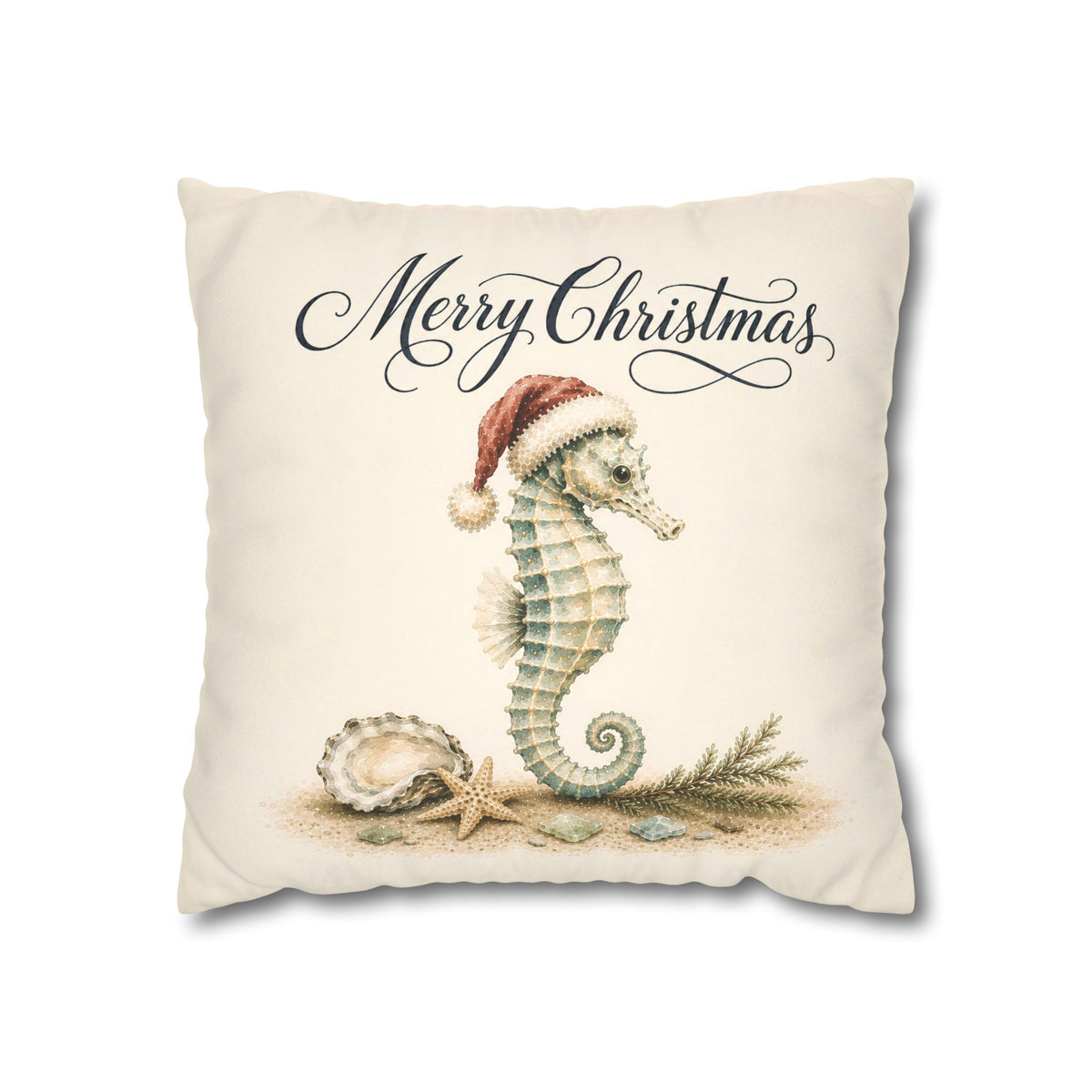 Coastal Christmas Seahorse pillow cover featuring watercolor holiday artwork on soft faux suede, styled as festive beach house decor for a sofa, chair, bedroom or coastal living room.