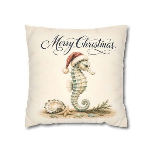 Coastal Christmas Seahorse pillow cover featuring watercolor holiday artwork on soft faux suede, styled as festive beach house decor for a sofa, chair, bedroom or coastal living room.