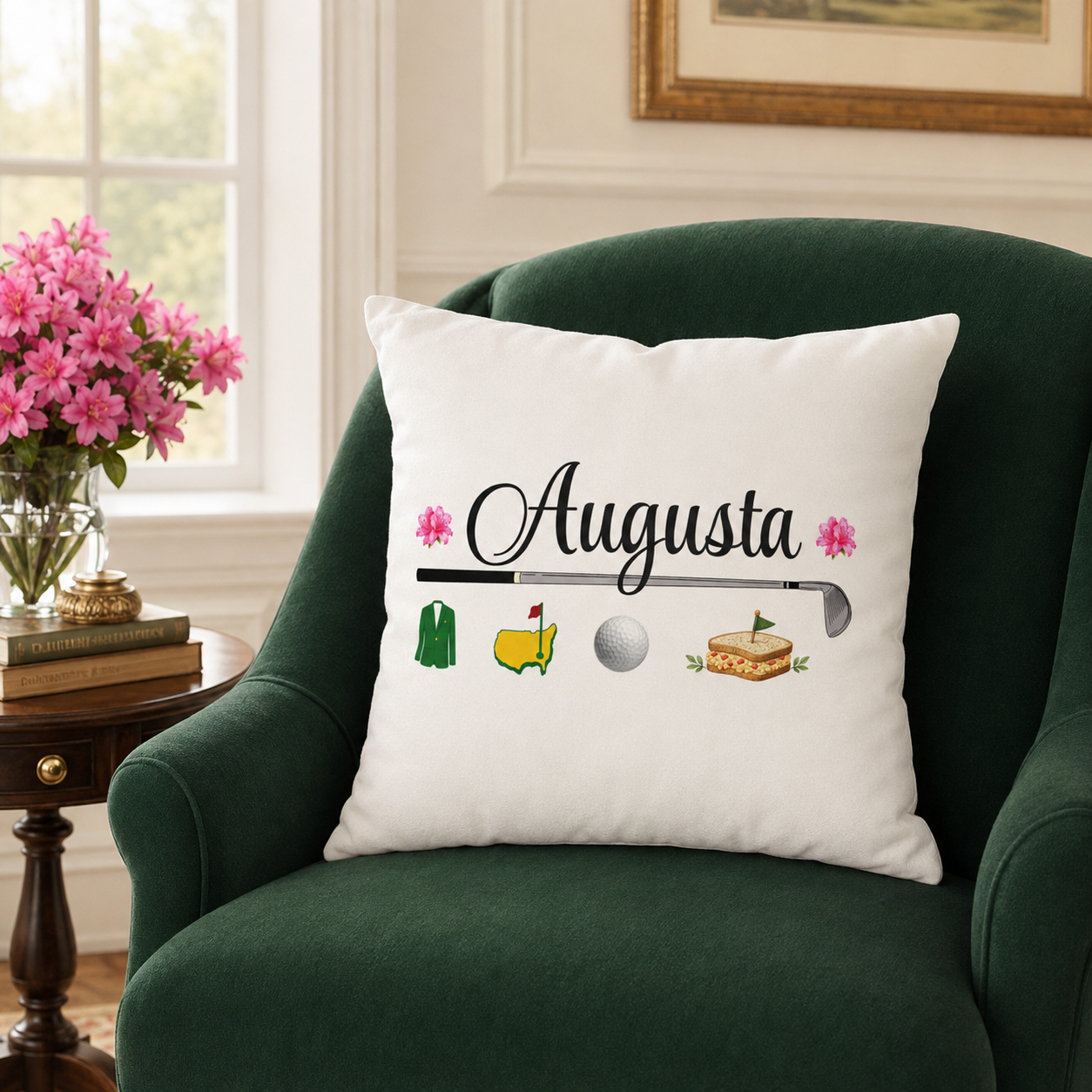 Augusta golf decor, yellow golf pillow, golf pillow cover, azalea pillow, southern golf decor, tournament week, golfer gift, golf hostess gift, country club decor, pimento cheese, spring golf decor, client gift, corporate golf gift
