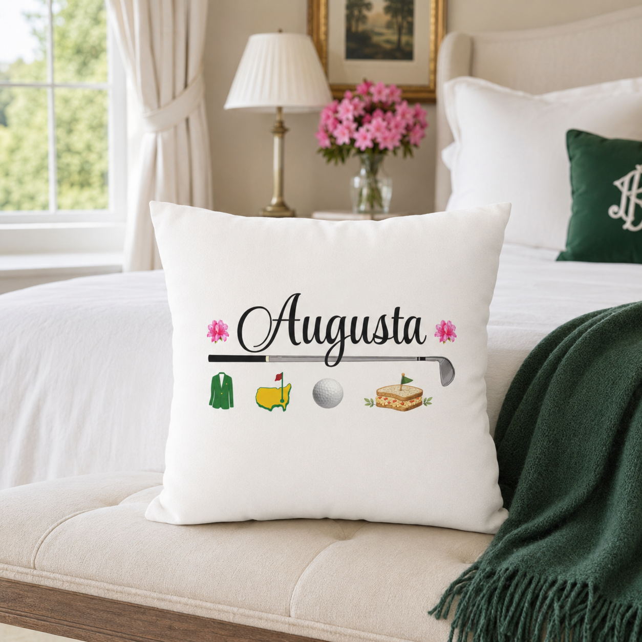 Augusta golf decor, yellow golf pillow, golf pillow cover, azalea pillow, southern golf decor, tournament week, golfer gift, golf hostess gift, country club decor, pimento cheese, spring golf decor, client gift, corporate golf gift