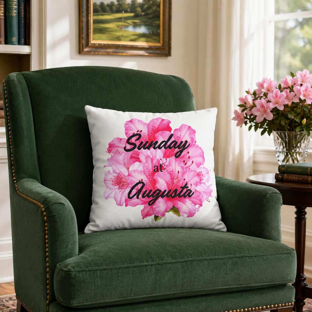 Sunday at Augusta Golf Pillow Cover – Pink Azalea Southern Golf Decor, Hostess Gift