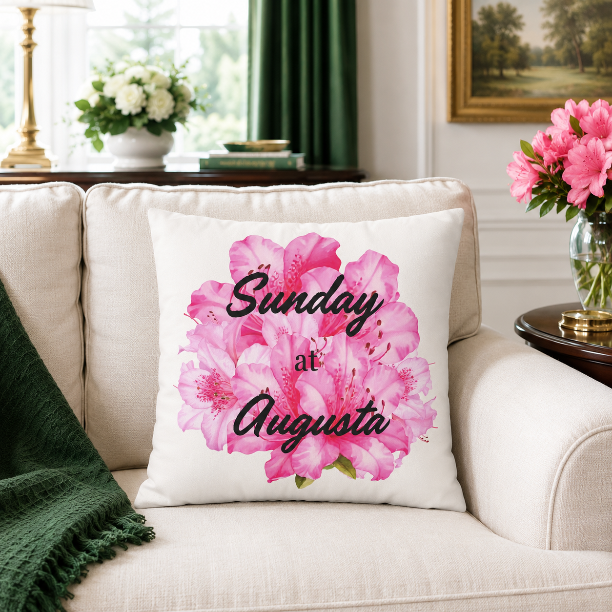 Sunday at Augusta Golf Pillow Cover – Pink Azalea Southern Golf Decor, Hostess Gift