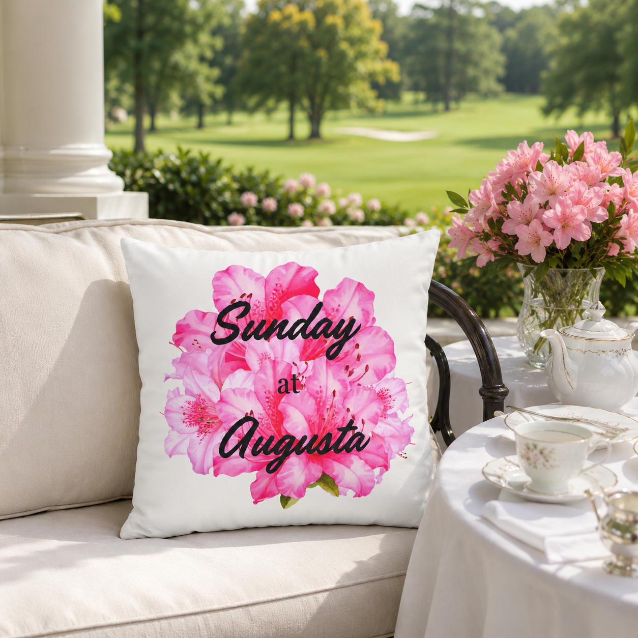 Sunday at Augusta Golf Pillow Cover – Pink Azalea Southern Golf Decor, Hostess Gift