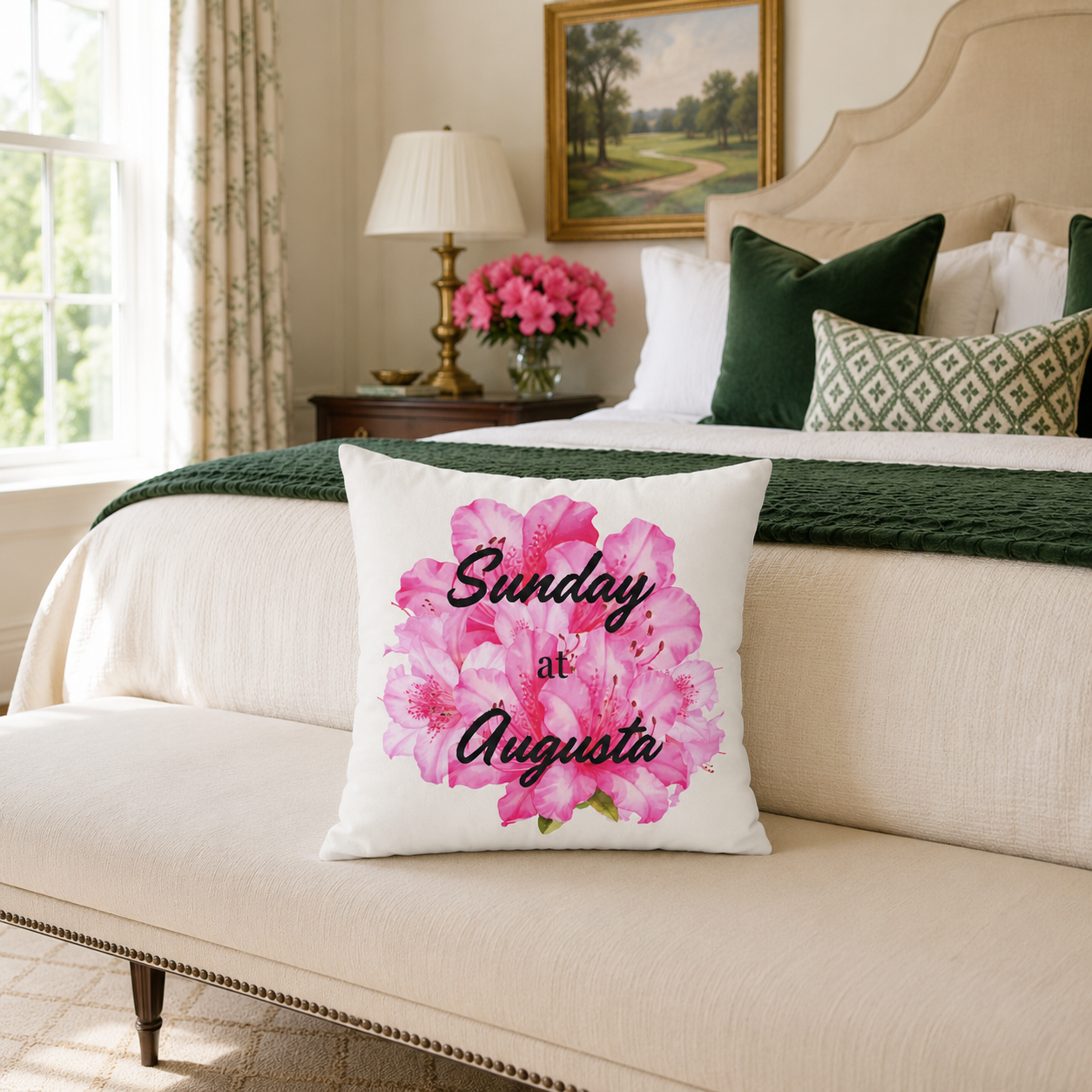 Sunday at Augusta Golf Pillow Cover – Pink Azalea Southern Golf Decor, Hostess Gift