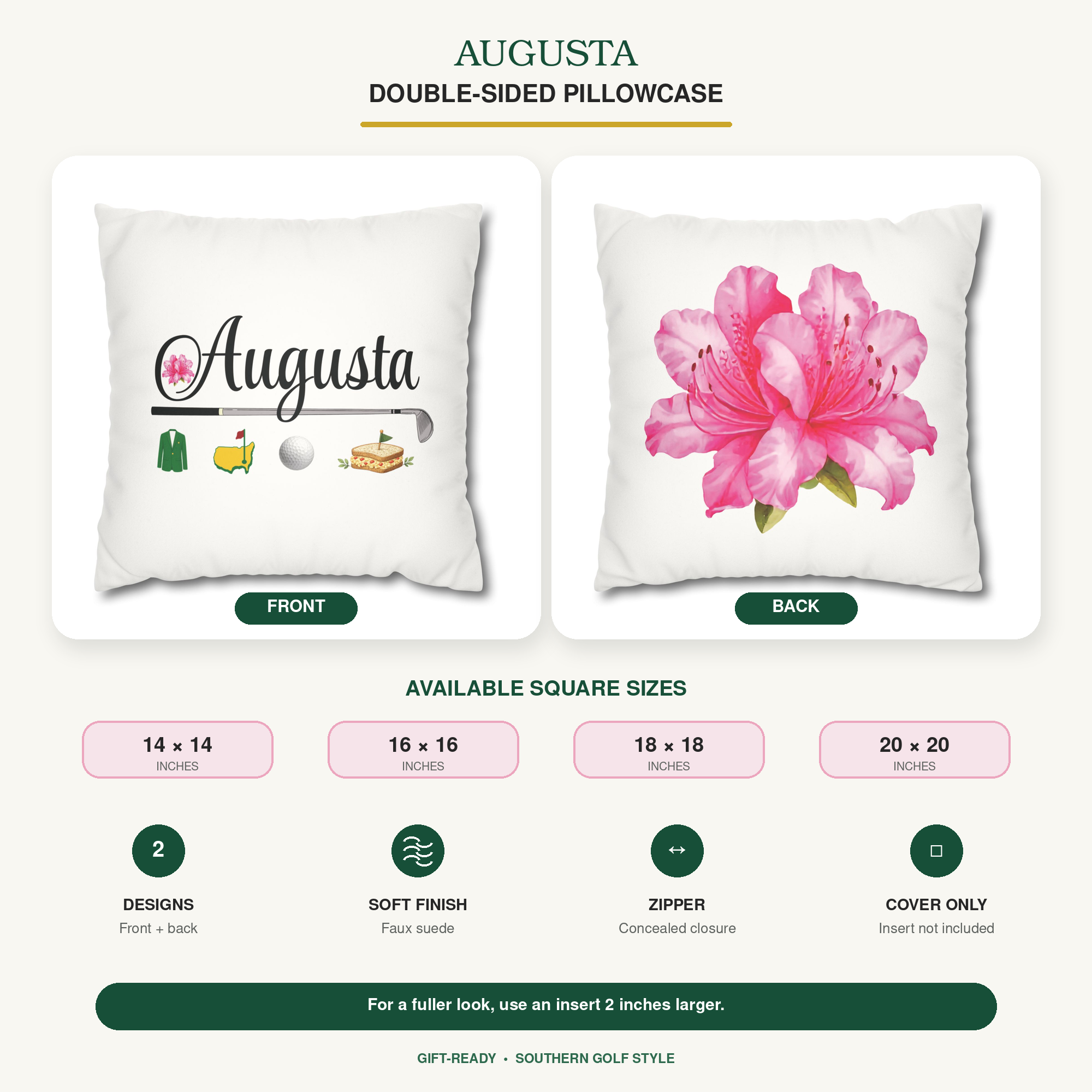 Augusta Golf Pillow Cover – Double-Sided Pink Azalea & Southern Golf Decor