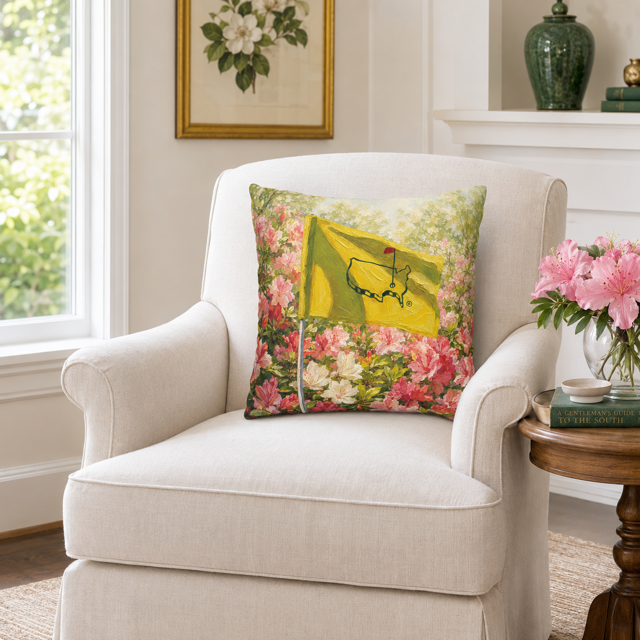 Augusta Golf Flag Pillow Cover – Yellow Flag & Azalea Golf Decor, Golfer Gift