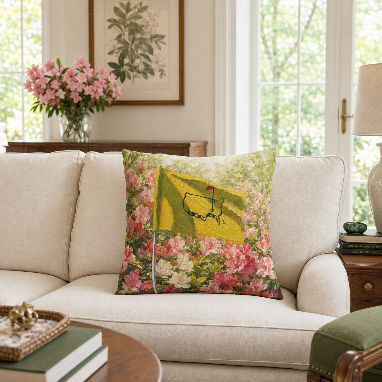 Augusta Golf Flag Pillow Cover – Yellow Flag & Azalea Golf Decor, Golfer Gift