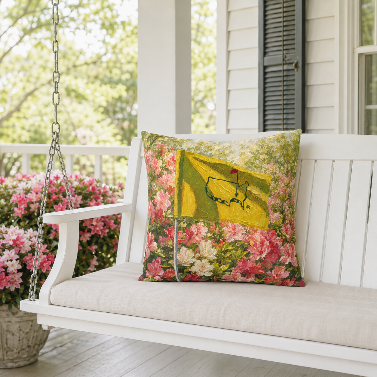 Augusta Golf Flag Pillow Cover – Yellow Flag & Azalea Golf Decor, Golfer Gift