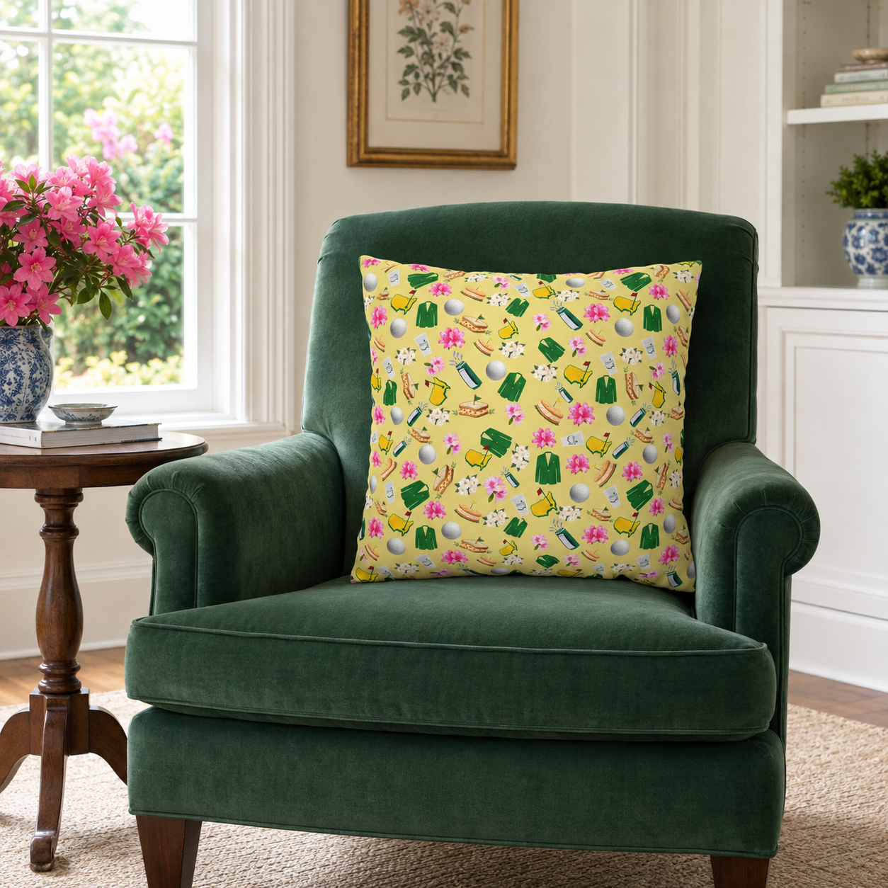 Augusta Golf Pillow Cover – Yellow Southern Golf Pattern, Azalea & Tournament Week Decor