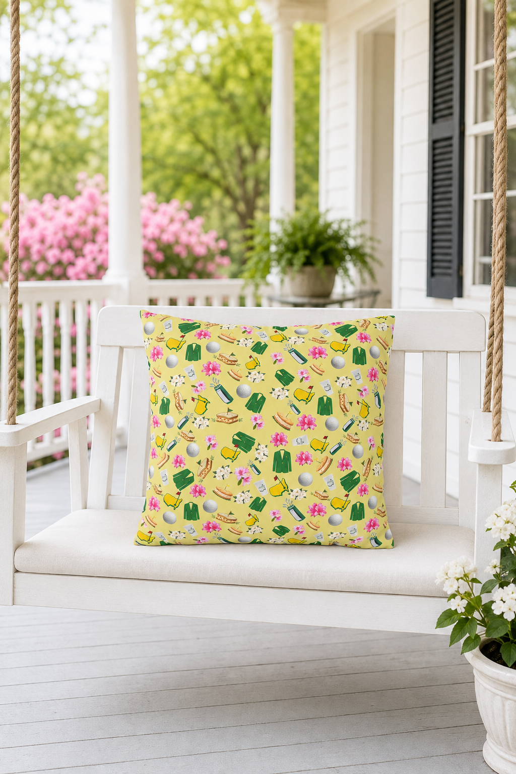 Augusta Golf Pillow Cover – Yellow Southern Golf Pattern, Azalea & Tournament Week Decor