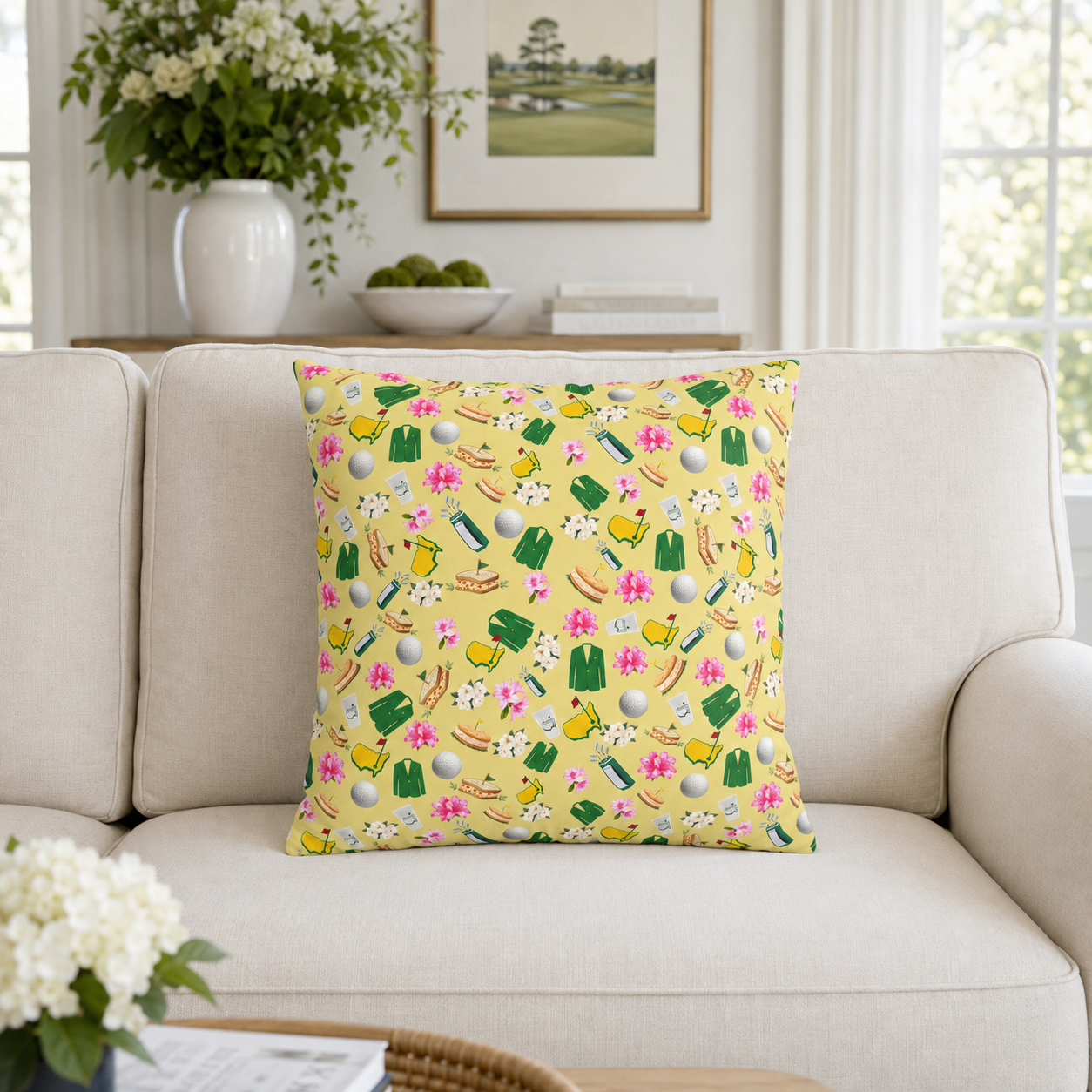 Augusta Golf Pillow Cover – Yellow Southern Golf Pattern, Azalea & Tournament Week Decor
