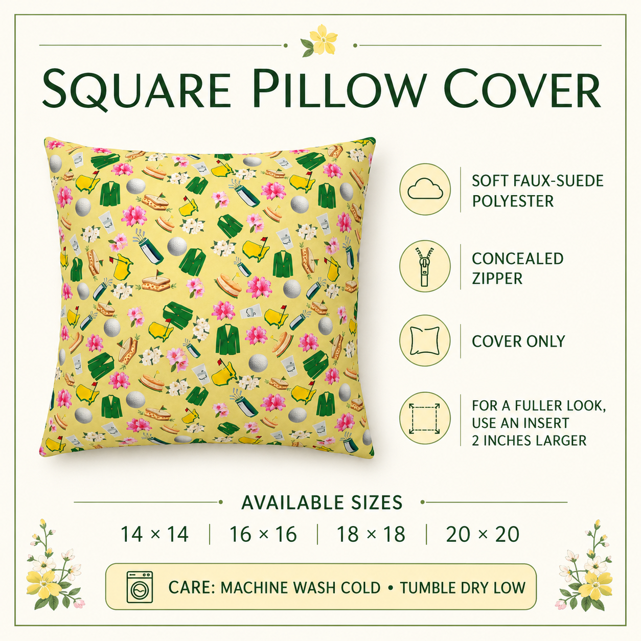 Augusta Golf Pillow Cover – Yellow Southern Golf Pattern, Azalea & Tournament Week Decor