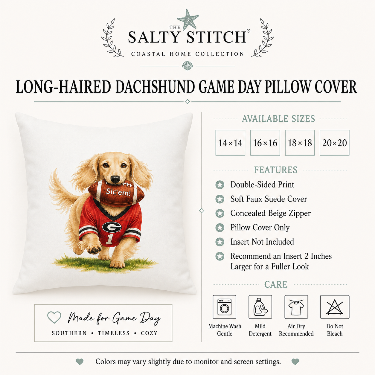 Long-Haired Golden Dachshund Football Pillow Cover – Georgia Game Day Dog Pillow