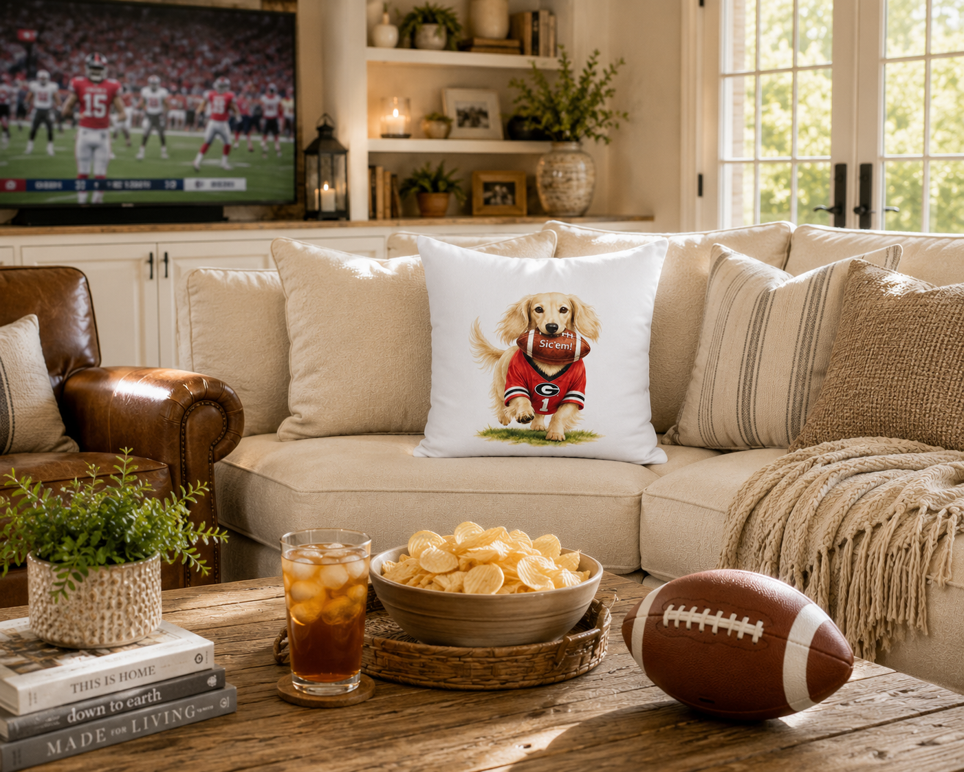 Long-Haired Golden Dachshund Football Pillow Cover – Georgia Game Day Dog Pillow
