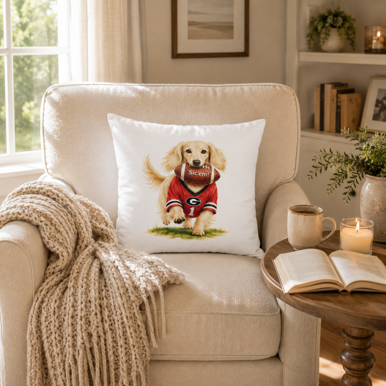 Long-Haired Golden Dachshund Football Pillow Cover – Georgia Game Day Dog Pillow
