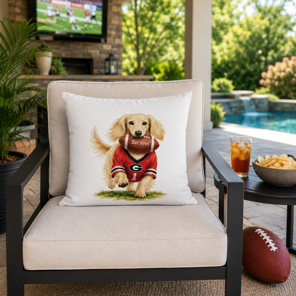 Long-Haired Golden Dachshund Football Pillow Cover – Georgia Game Day Dog Pillow