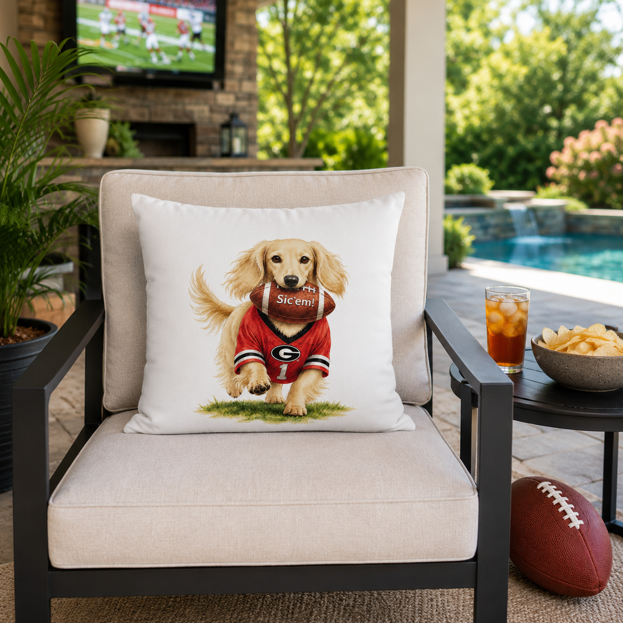 Long-Haired Golden Dachshund Football Pillow Cover – Georgia Game Day Dog Pillow