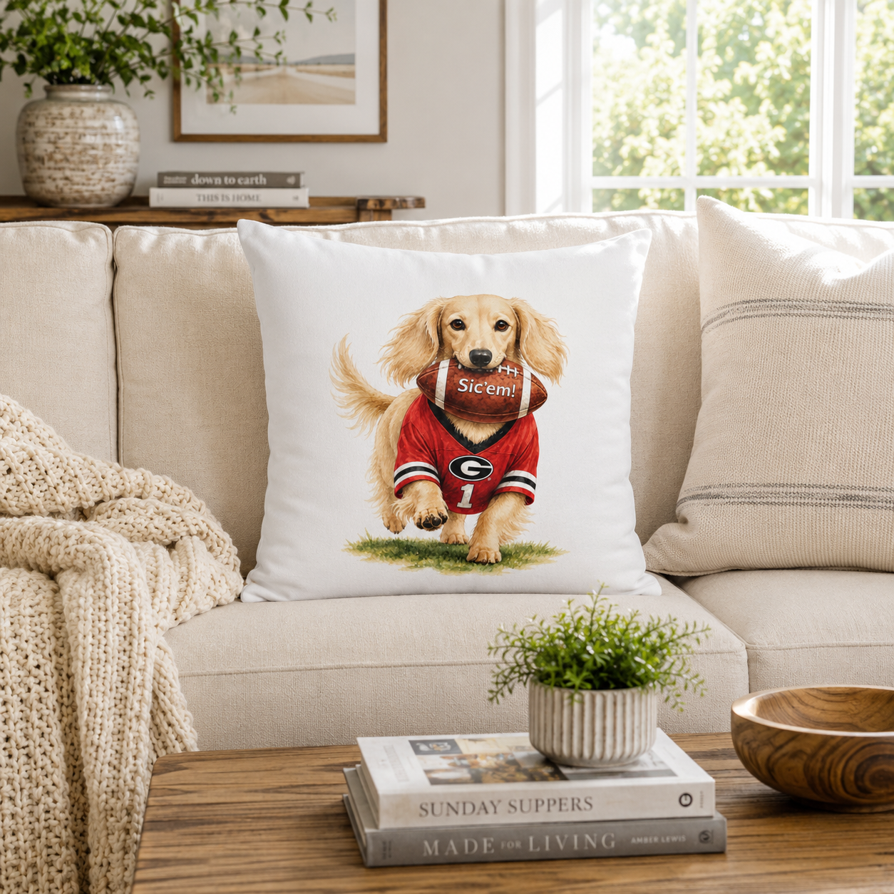 Long-Haired Golden Dachshund Football Pillow Cover – Georgia Game Day Dog Pillow