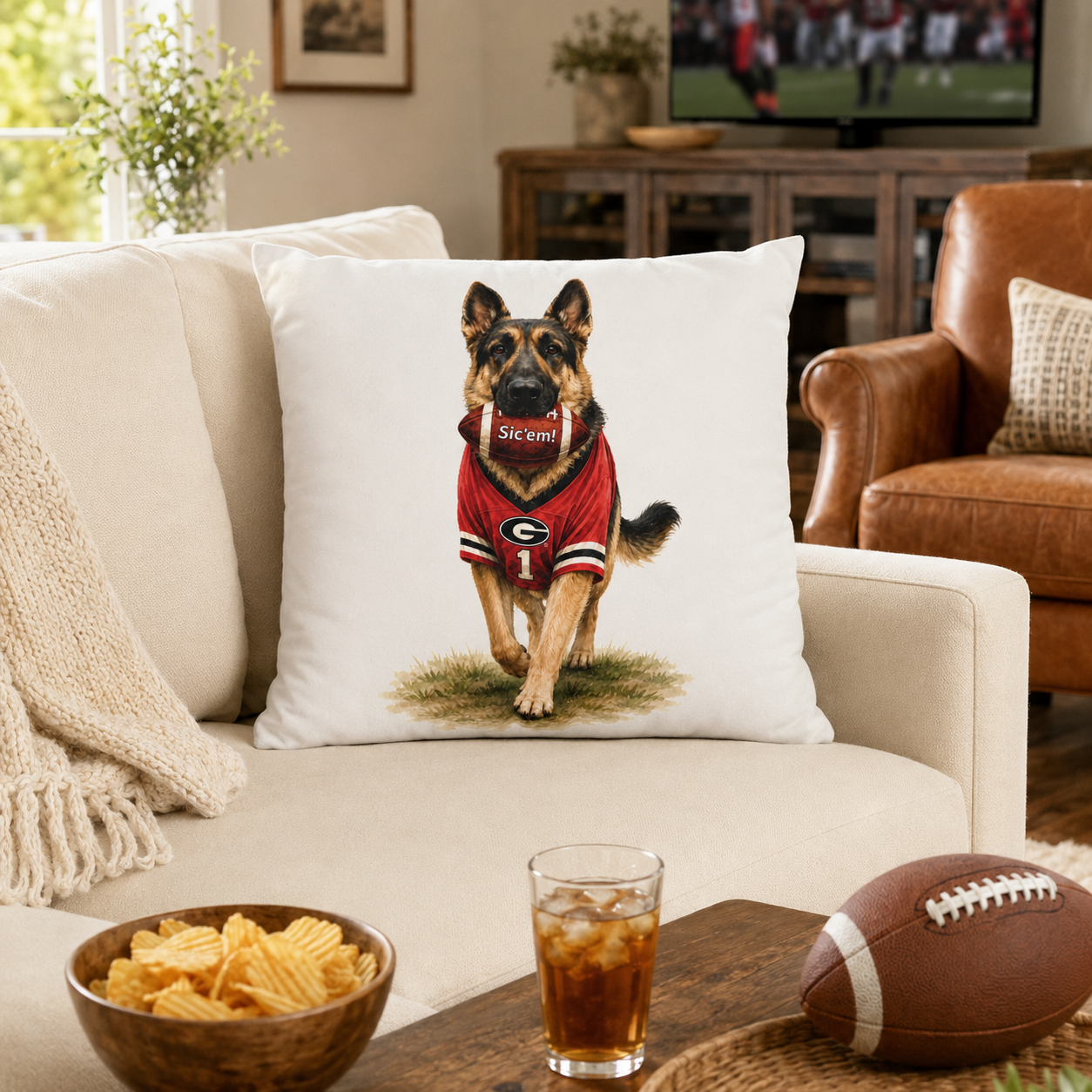German Shepherd Football Pillow Cover – Georgia Game Day Dog Pillow, Red & Black Decor