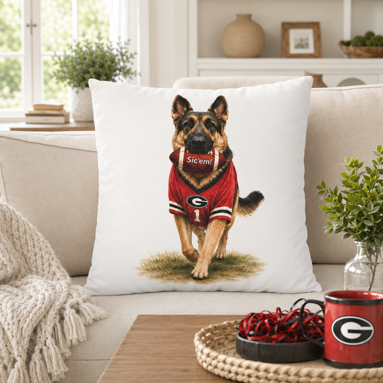 German Shepherd Football Pillow Cover – Georgia Game Day Dog Pillow, Red & Black Decor