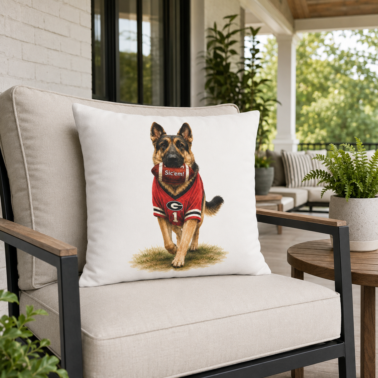 German Shepherd Football Pillow Cover – Georgia Game Day Dog Pillow, Red & Black Decor