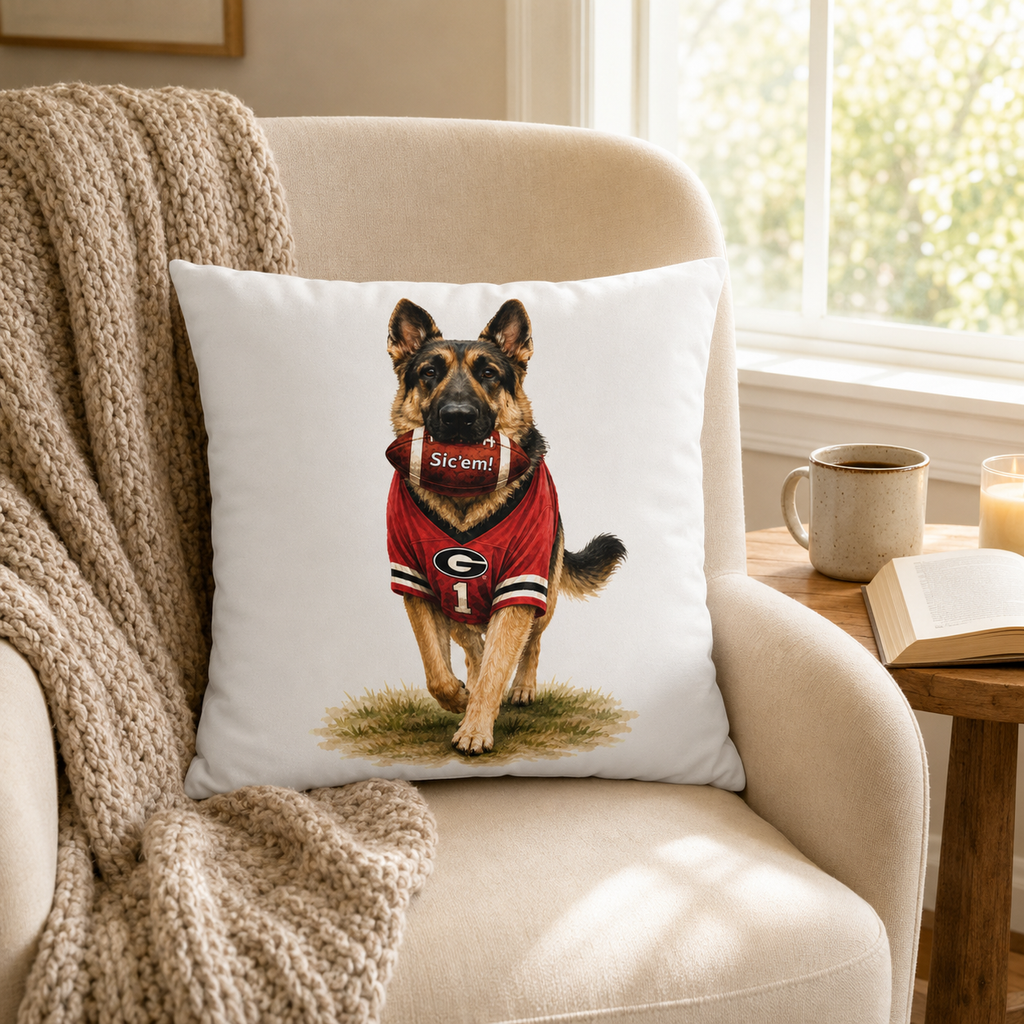 German Shepherd Football Pillow Cover – Georgia Game Day Dog Pillow, Red & Black Decor