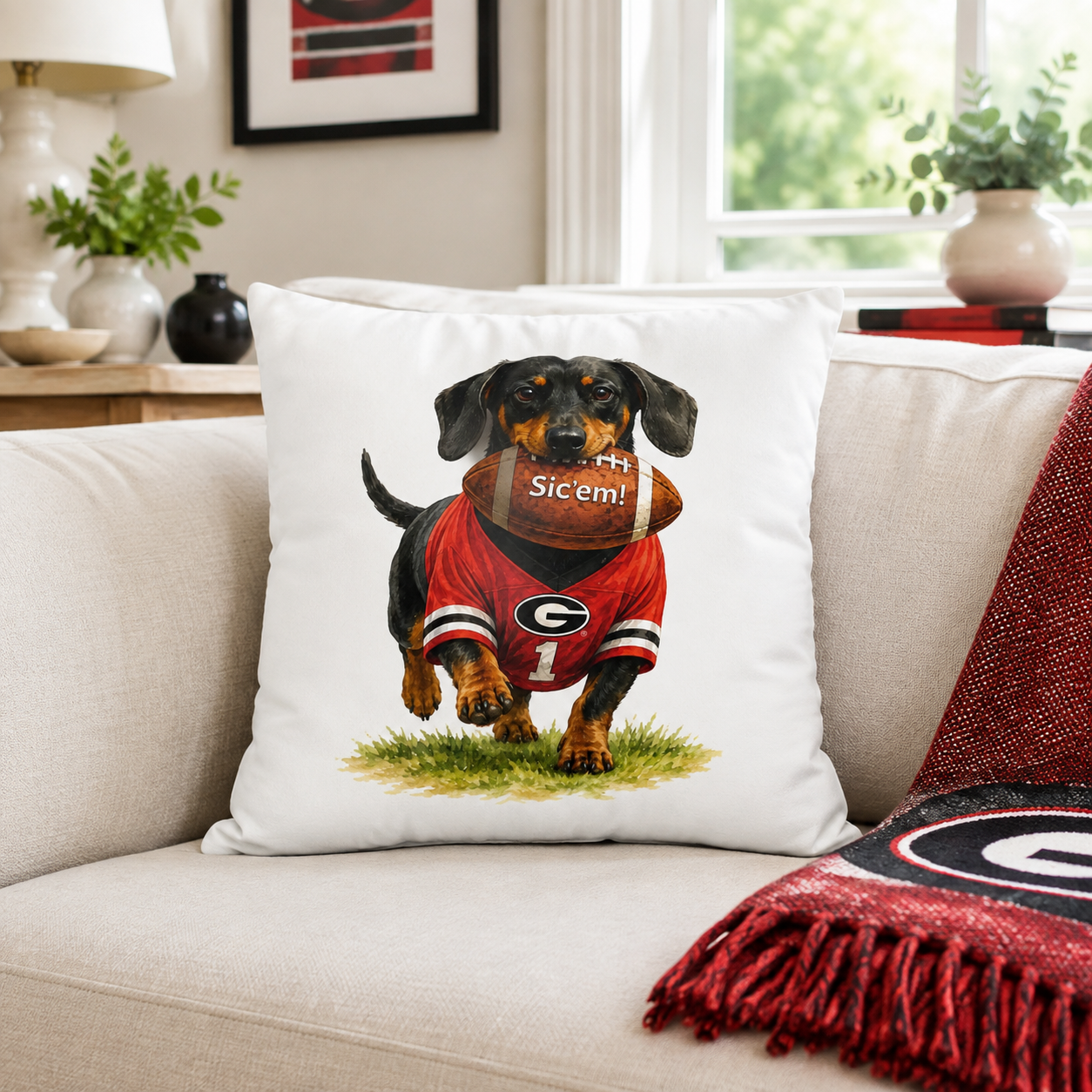 Dachshund Football Pillow Cover – Georgia Game Day Dog Pillow, Red & Black Tailgate Decor