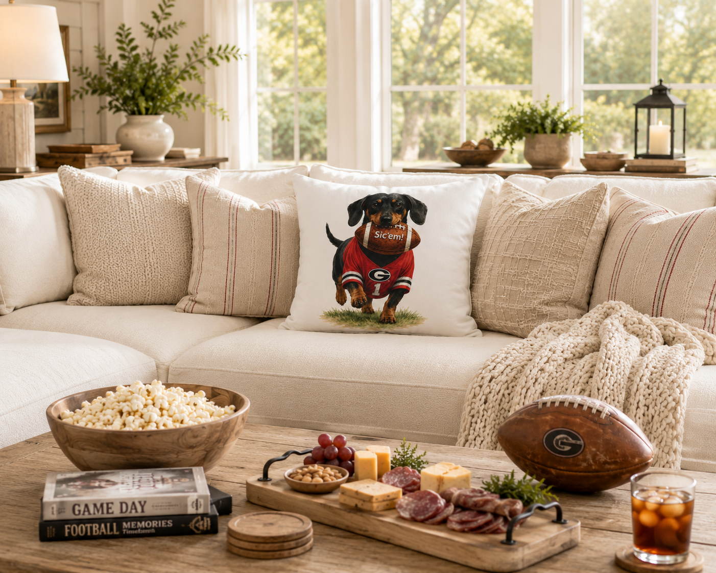 Dachshund Football Pillow Cover – Georgia Game Day Dog Pillow, Red & Black Tailgate Decor