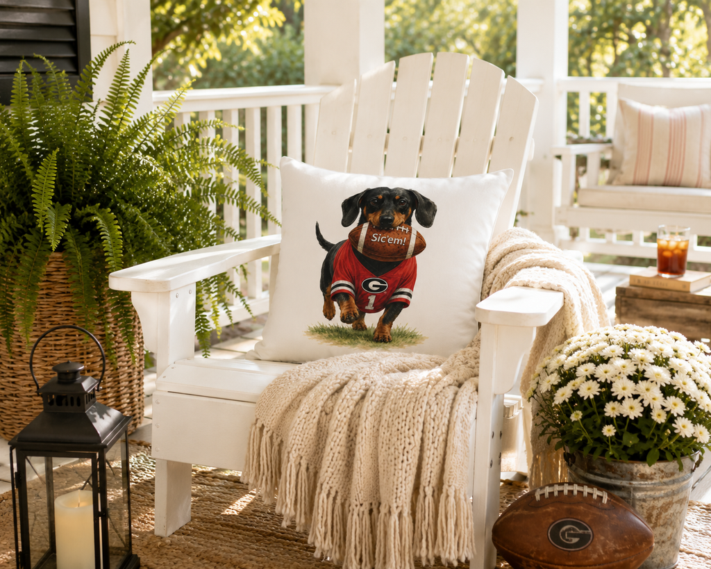 Dachshund Football Pillow Cover – Georgia Game Day Dog Pillow, Red & Black Tailgate Decor