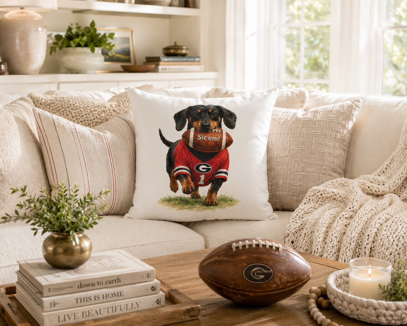 Dachshund Football Pillow Cover – Georgia Game Day Dog Pillow, Red & Black Tailgate Decor