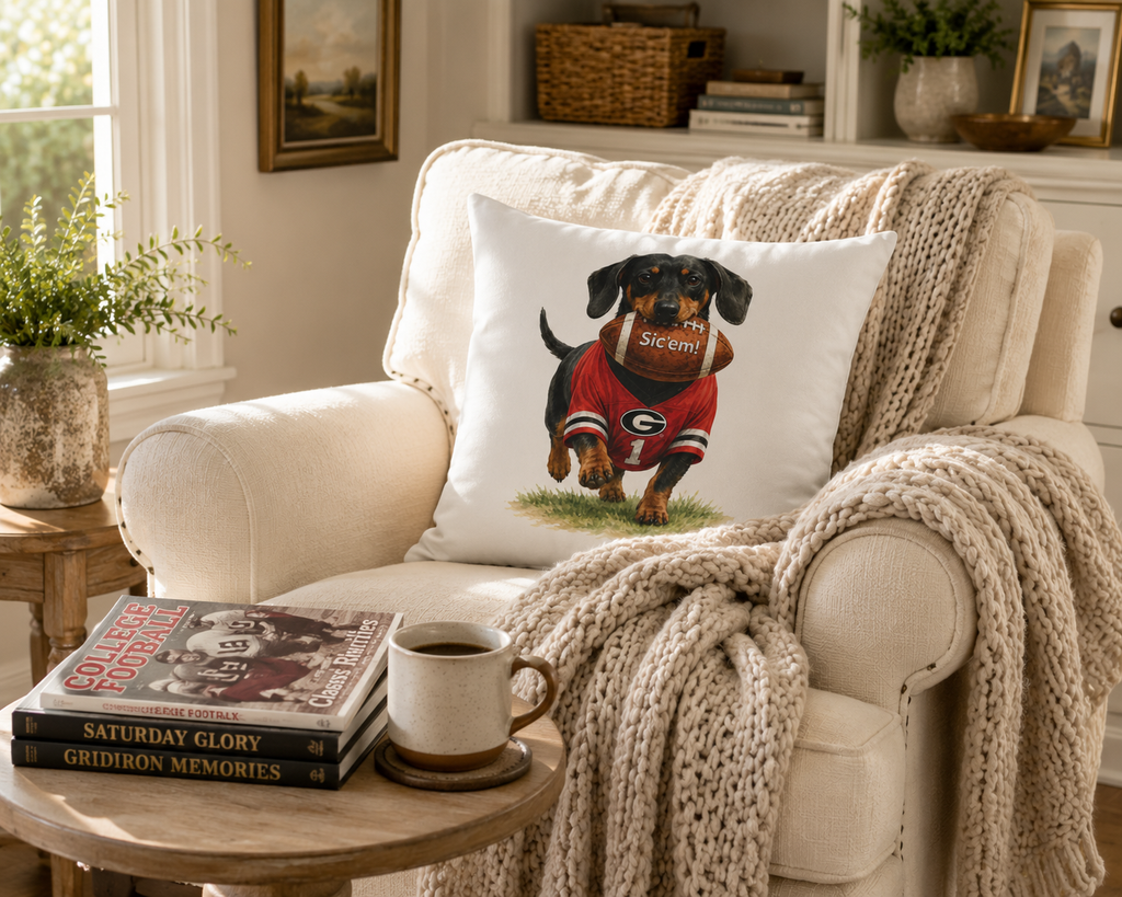Dachshund Football Pillow Cover – Georgia Game Day Dog Pillow, Red & Black Tailgate Decor