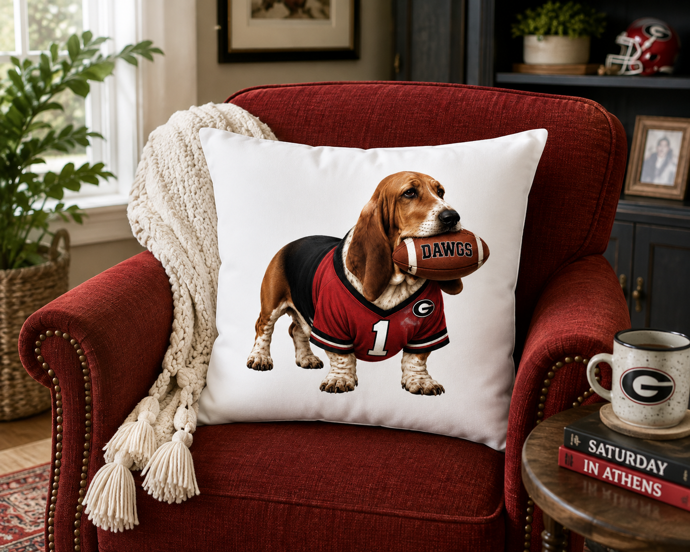 Basset Hound Football Pillow Cover – Georgia Game Day Dog Pillow, Red & Black Tailgate Decor