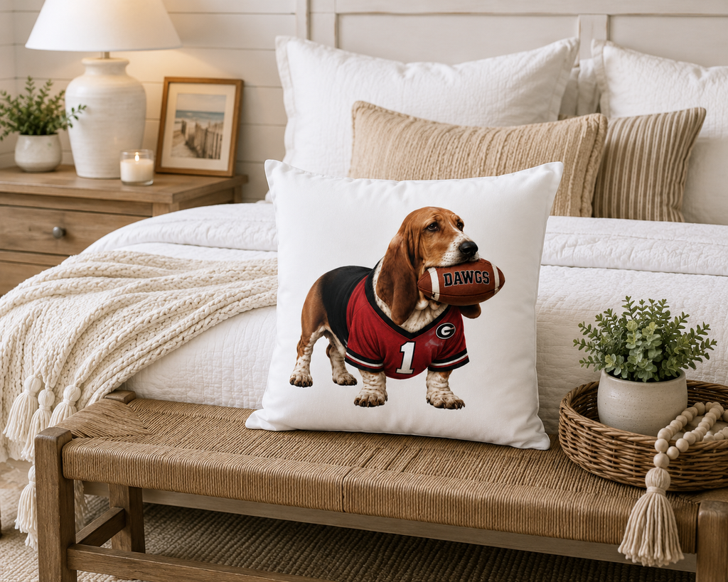 Basset Hound Football Pillow Cover – Georgia Game Day Dog Pillow, Red & Black Tailgate Decor