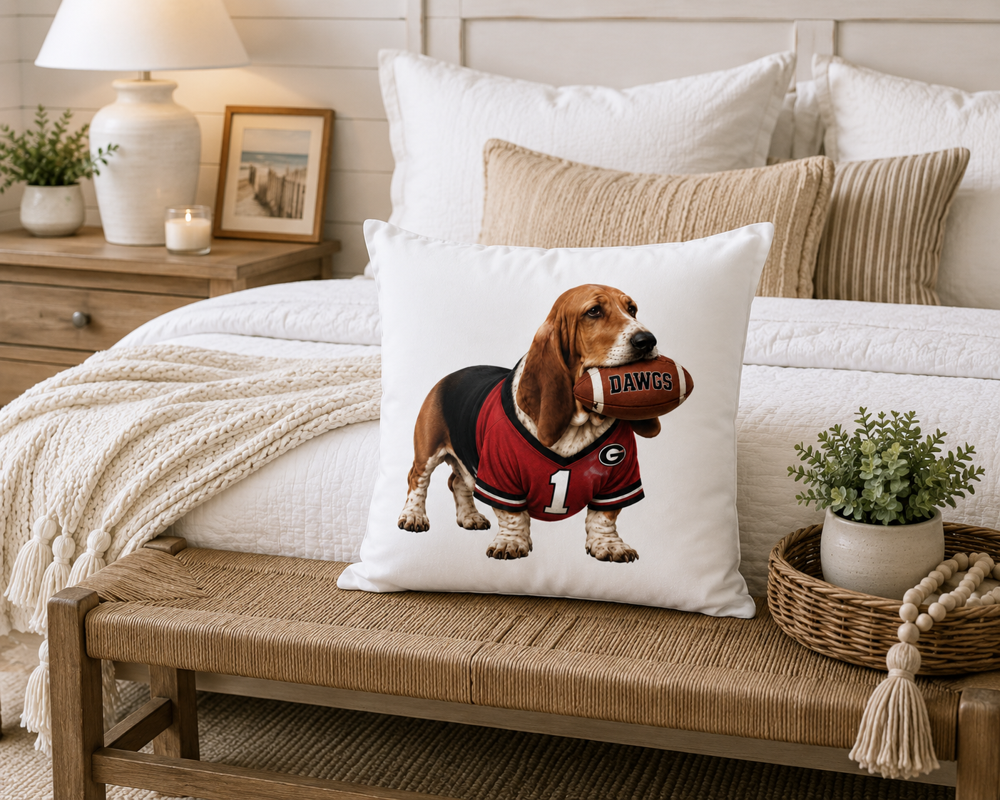 Basset Hound Football Pillow Cover – Georgia Game Day Dog Pillow, Red & Black Tailgate Decor