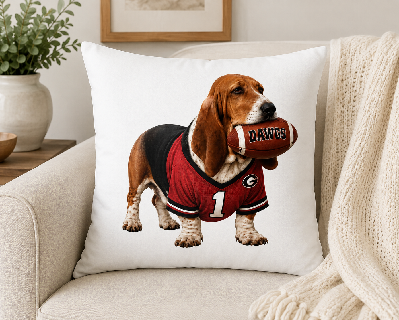 Basset Hound Football Pillow Cover – Georgia Game Day Dog Pillow, Red & Black Tailgate Decor
