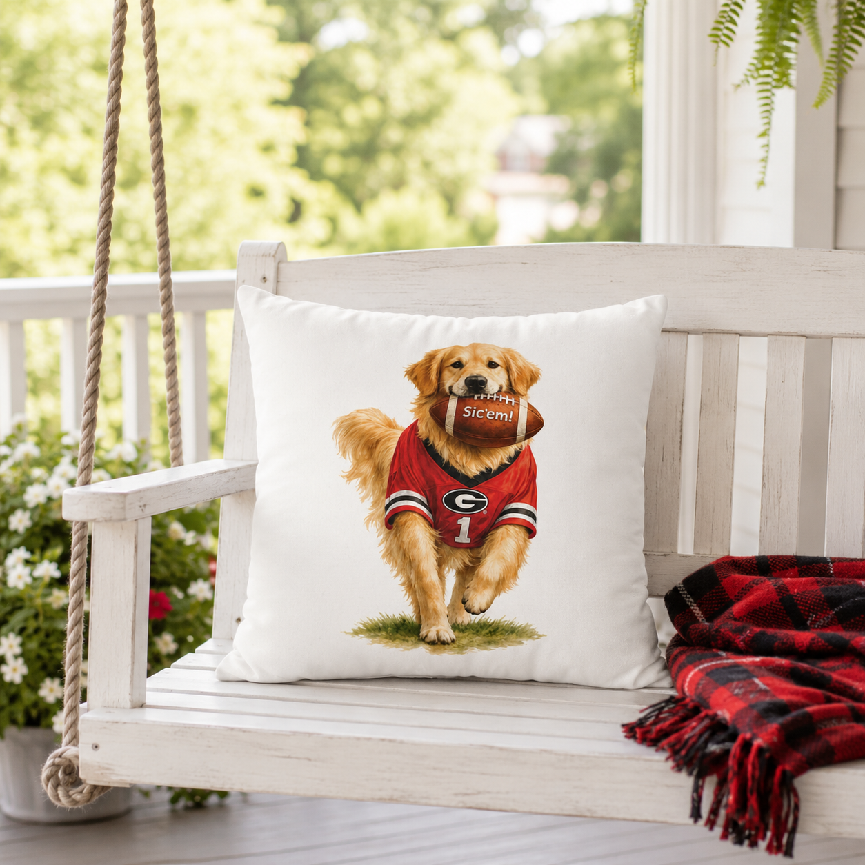 Golden Retriever Football Pillow Cover – Georgia Game Day Dog Pillow, Red & Black Fan Decor