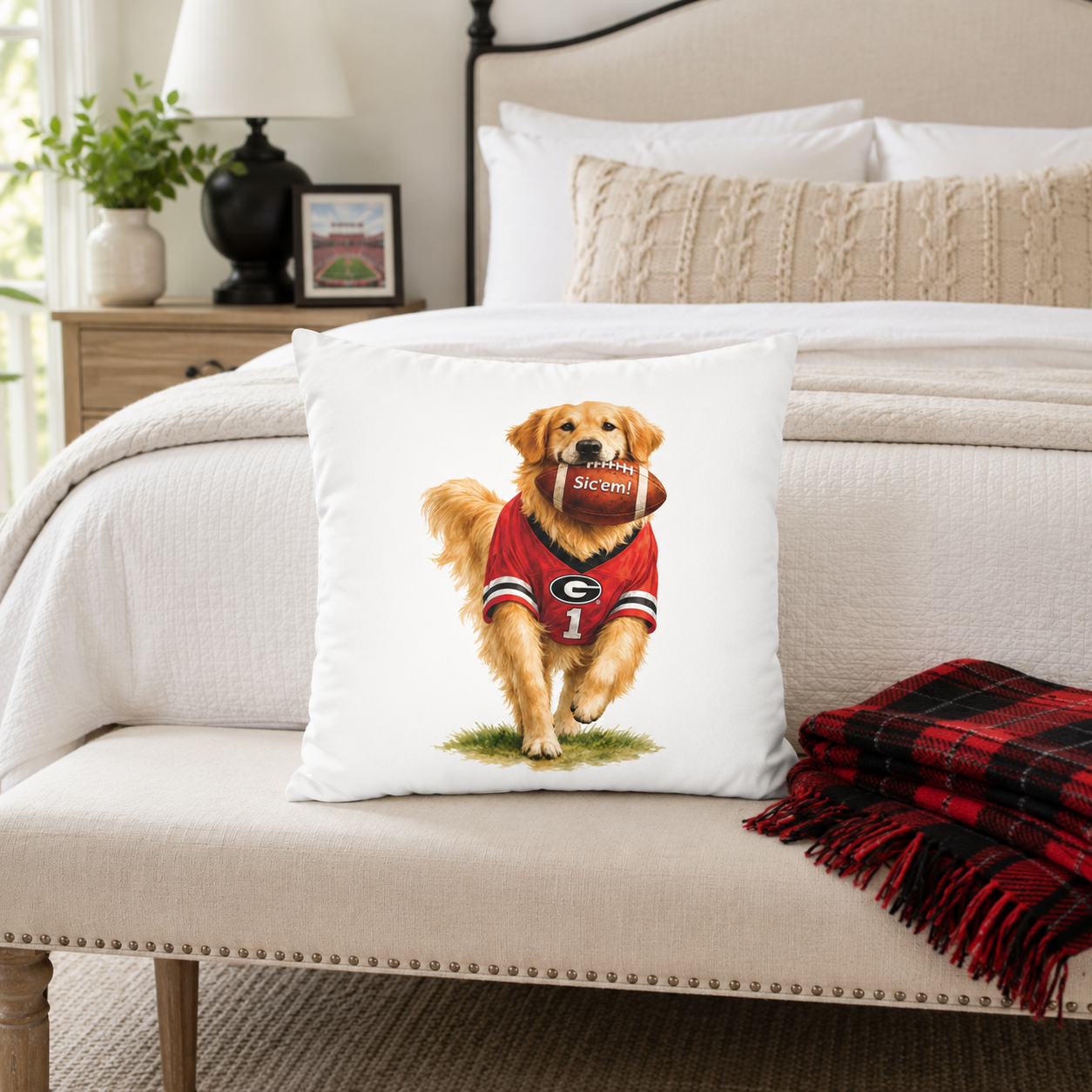 Golden Retriever Football Pillow Cover – Georgia Game Day Dog Pillow, Red & Black Fan Decor