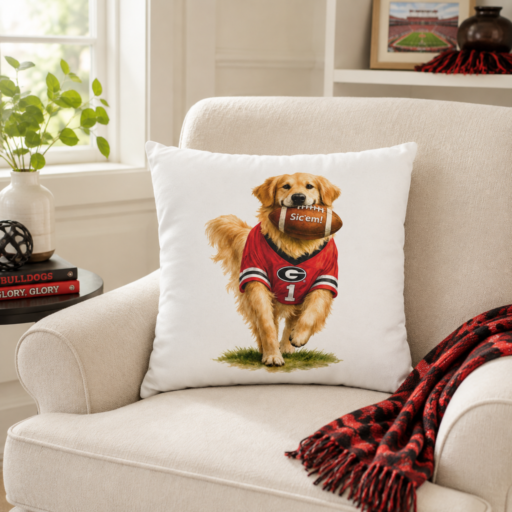 Golden Retriever Football Pillow Cover – Georgia Game Day Dog Pillow, Red & Black Fan Decor