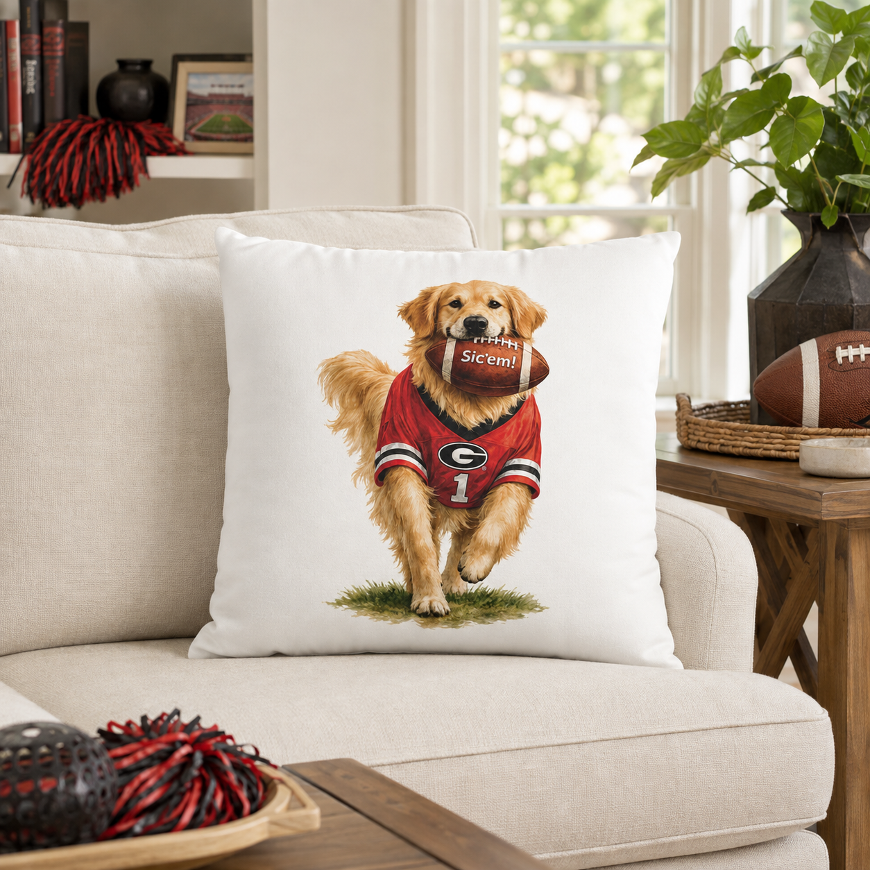 Golden Retriever Football Pillow Cover – Georgia Game Day Dog Pillow, Red & Black Fan Decor