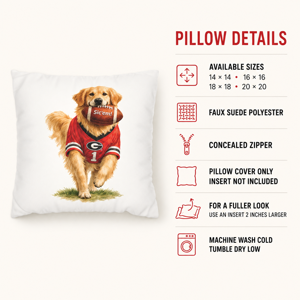Golden Retriever Football Pillow Cover – Georgia Game Day Dog Pillow, Red & Black Fan Decor