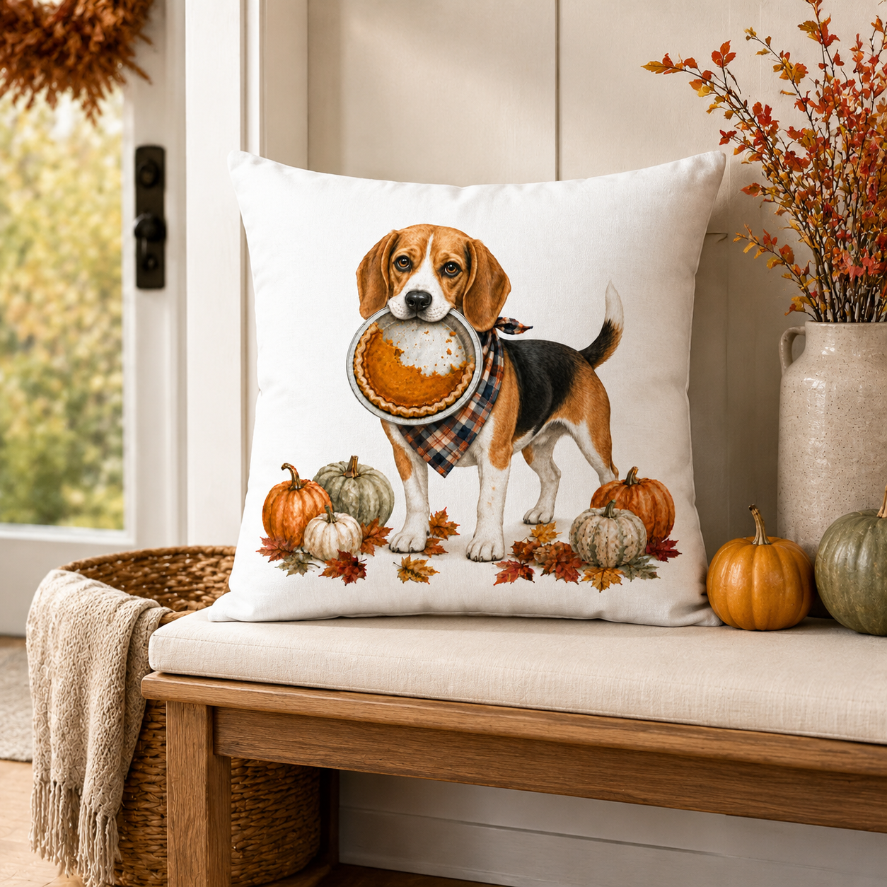 Thanksgiving Beagle Dog Pillow Cover – Double-Sided