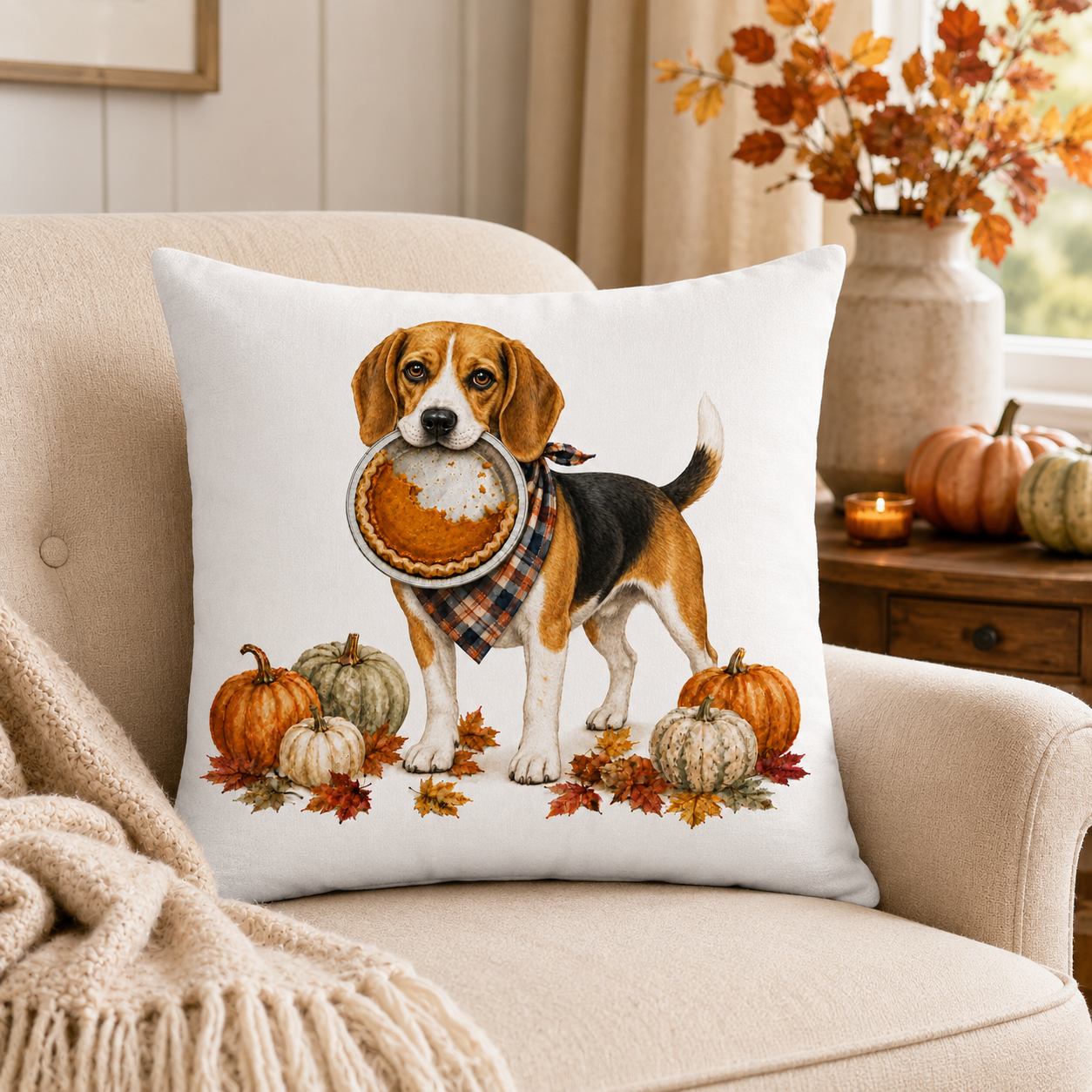 Thanksgiving Beagle Dog Pillow Cover – Double-Sided