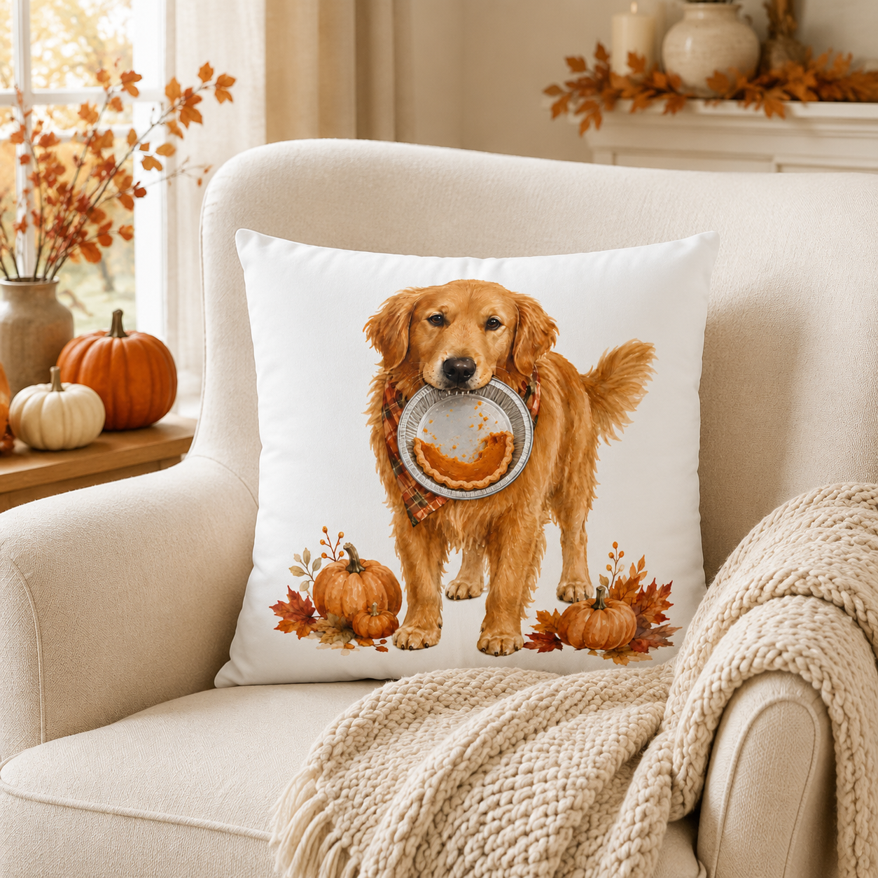 Thanksgiving Golden Retriever Pillow Cover – Double-Sided
